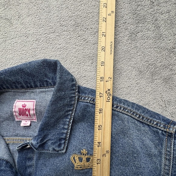 Juicy Couture Denim Jacket‎ Womens Medium Cropped Crown Embroidery Distressed - Picture 6 of 7